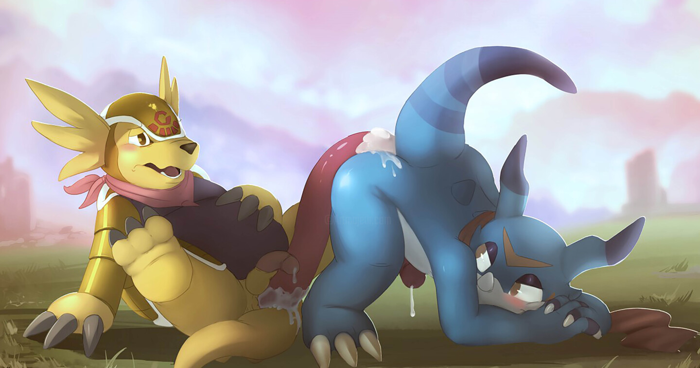 Armadillomon And Veemon Sharing A Toy, Digital Arts by Happy The Red | Artmajeur